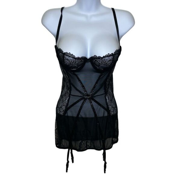 Shirley Of Hollywood Lace and Mesh Bustier Lingerie With Garter Straps Black Sm - Picture 1 of 14